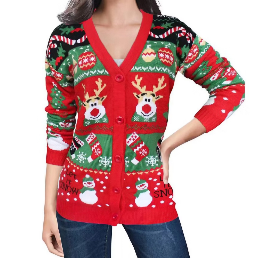 v28 Ugly Christmas Sweater for Women Reindeer Funny Merry Knit Sweaters Cardigan
